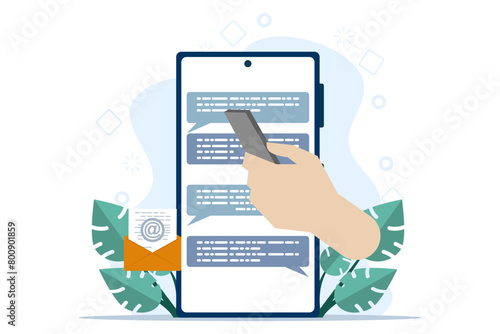 Mobile Chat app concept for business or discussion, teamwork using technology to communicate or collaborate on work, communicating with mobile app in big hand holding smart phone. vector illustration.