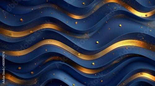 A luxurious dark blue strip background with golden ribbons. An elegant golden halftone dotted pattern texture. Modern gold wave stripes decoration. Suitable for posters, banners, flyers, and
