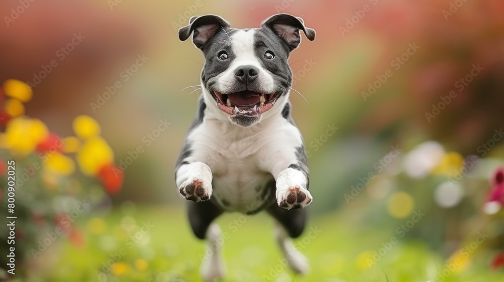 A happy Staffordshire Bull Terrier dog is running in mid-air in a field of flowers