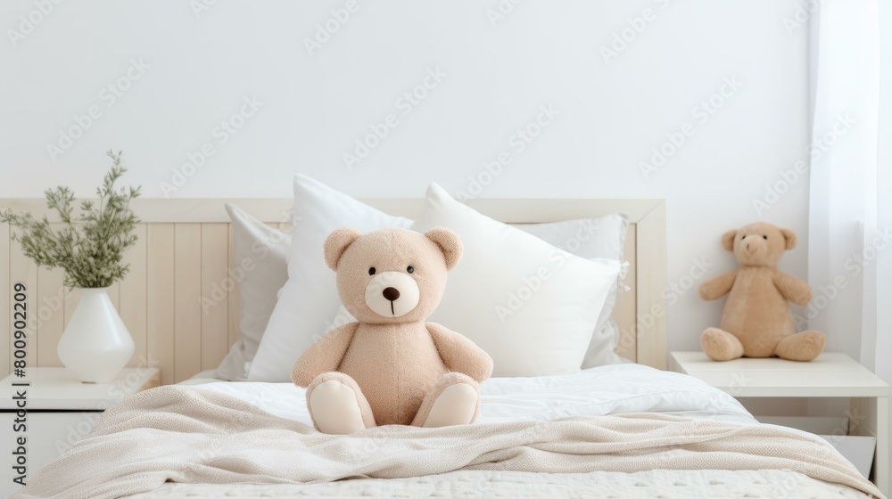 A cute teddy bear sitting on a bed with a blanket and a vase of flowers on the nightstand
