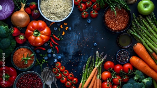 Vibrant Explosion of Fresh Fruits and Vegetables Arranged Neatly on a Black Background