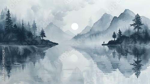 Calm and Serene Watercolor Landscape in Grayscale