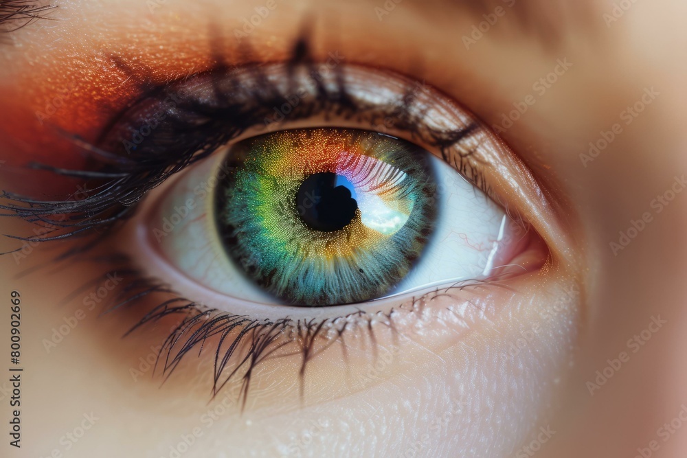 Fototapeta premium A close-up of a woman's eye with a beautiful green and blue iris and dark eyelashes. The eye is looking at the camera.