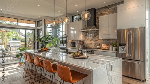 Design a modern kitchen with sleek stainless steel appliances, quartz countertops, and minimalist cabinetry for a clean and contemporary look. photo