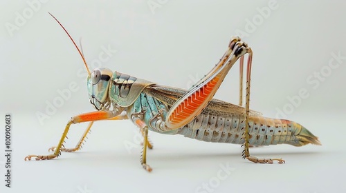 A green and brown grasshopper on a white background photo