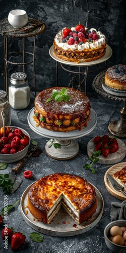 An assortment of cakes and pastries on a table