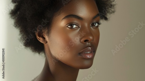 African American beauty in a sophisticated studio shoot, her perfect skin and minimal makeup illustrating modern elegance
