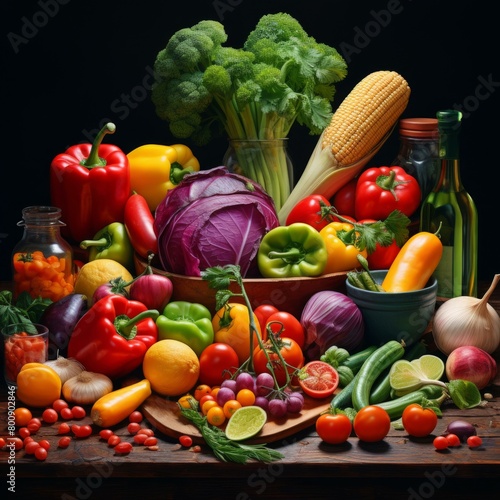 Vibrant still life of an assortment of fresh organic vegetables and fruits