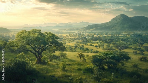 A captivating image of a lush, verdant landscape, showcasing the natural beauty and diversity of the African continent that nurtures its children on International Day of the African Child. photo