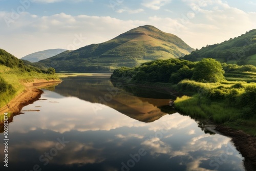 The sun sets over a calm lake, casting a golden reflection on the water