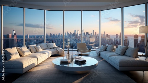 Modern luxury apartment living room with stunning city view photo