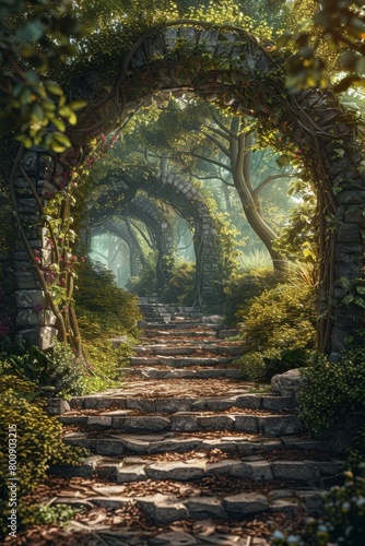 Mystical stone archway in a lush green forest