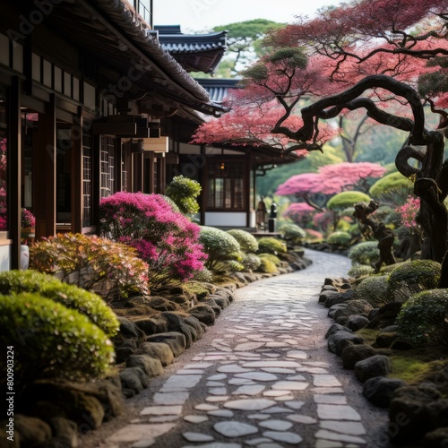 Stone path through a beautiful Japanese garden with pink trees and bushes