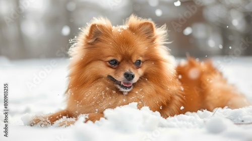 A cute Pomeranian dog playing in the snow © Adobe Contributor