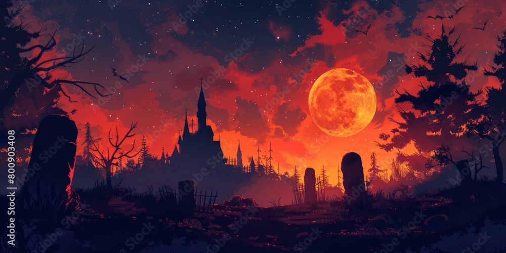 Naklejka premium Vampire castle under red moon night