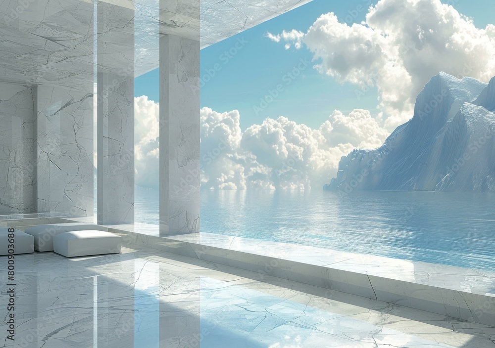 Fototapeta premium Futuristic marble room with a view of the ocean