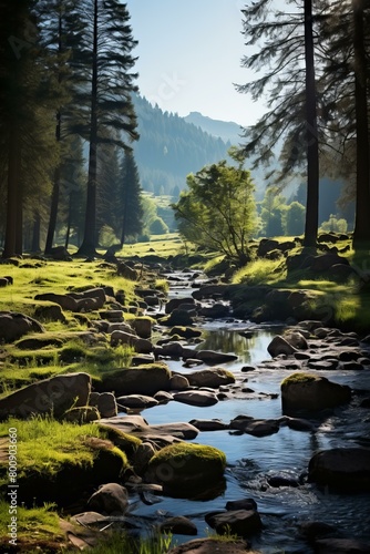 rocks in river flowing through sunlit forest