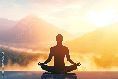 Man Meditating on a Mountaintop at Sunrise © Adobe Contributor