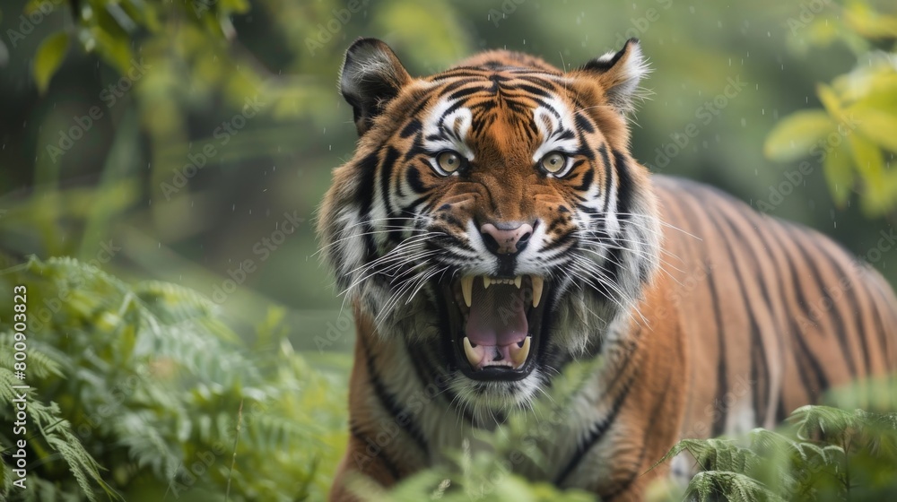Obraz premium Amur tiger captured mid-roar, a powerful display of raw strength and ferocity in the wild, framed by lush greenery