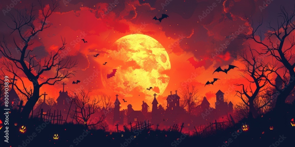Halloween night spooky full moon bats haunted village