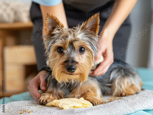Yorkshire Terrier getting massage by female vet photo