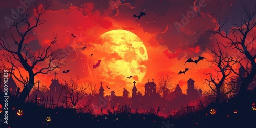Halloween night spooky full moon bats haunted village