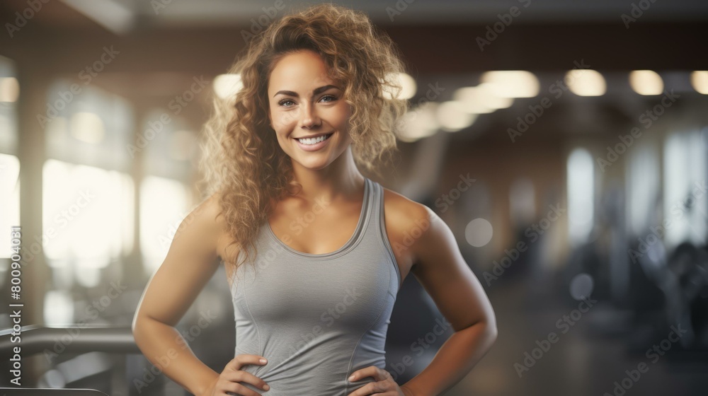 Portrait of a young woman with curly hair smiling in a fitness center