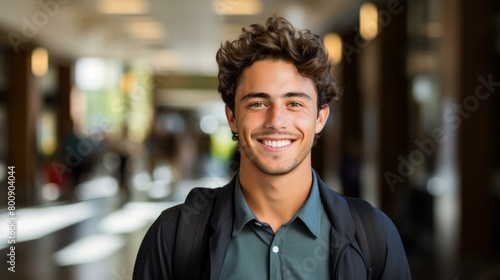 Portrait of a smiling young man with curly hair wearing a backpack © Adobe Contributor