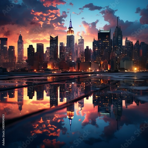 A cityscape of New York City with a reflection on the ground