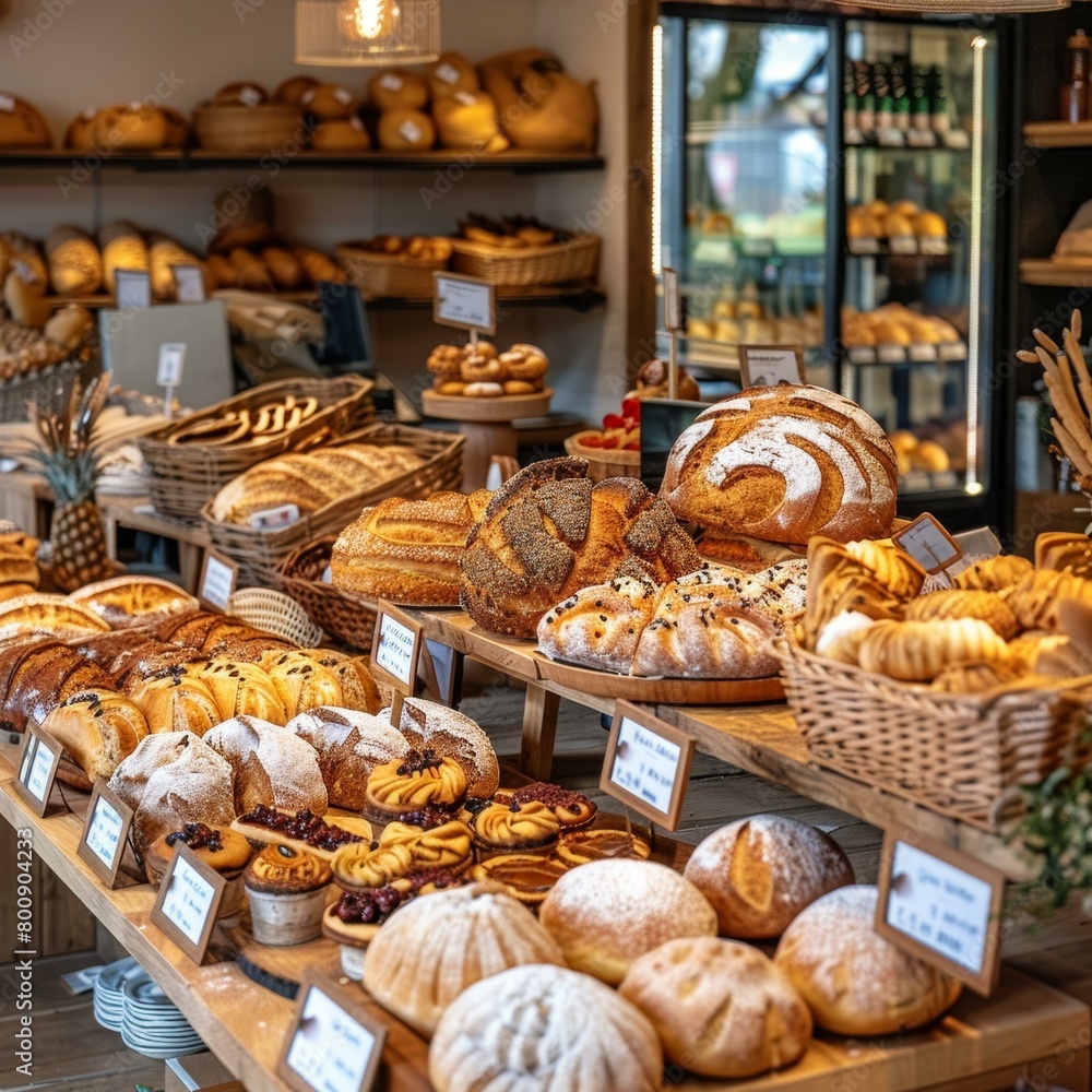 Loaf of bread and Pastries on Bakery Shelves