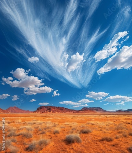 Arid desert landscape with blue sky and white clouds