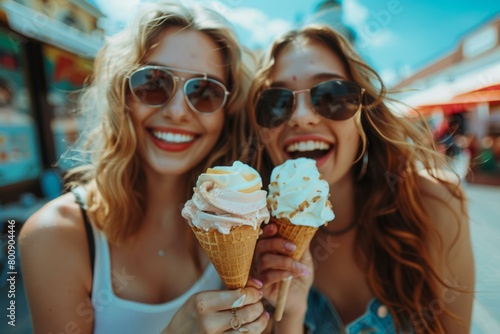 Two happy young women eating ice cream in the summer