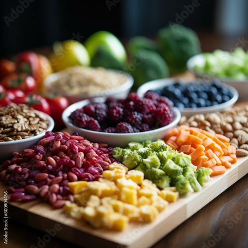 A variety of fresh vegetables and fruits are arranged on a wooden table.