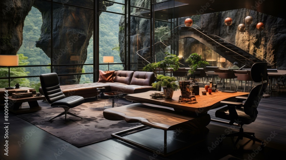 Modern office interior with huge windows and amazing mountain views