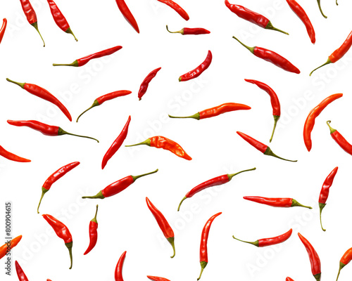 Multiple red chili peppers scattered in a random pattern, floating on a transparent background, showcasing spicy vibrance. Generative AI