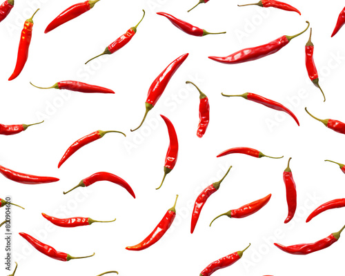 Multiple red chili peppers scattered in a random pattern, floating on a transparent background, showcasing spicy vibrance. Generative AI photo