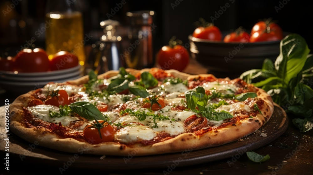 A delicious pizza with fresh tomatoes, basil, and mozzarella cheese