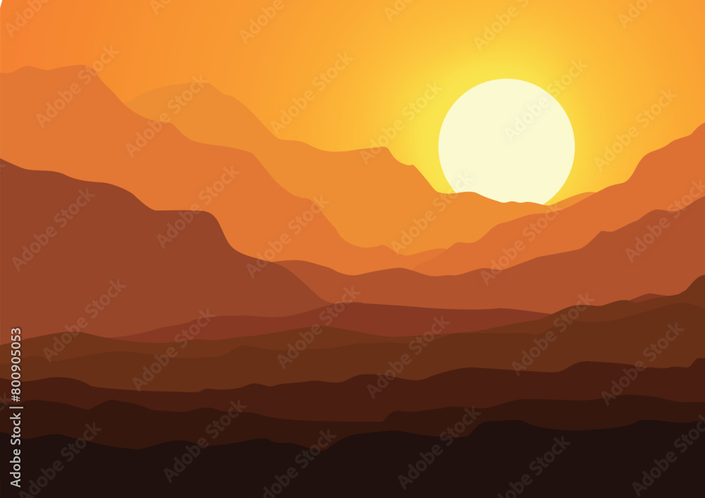 Landscape mountains in sunset. Vector illustration in flat style.