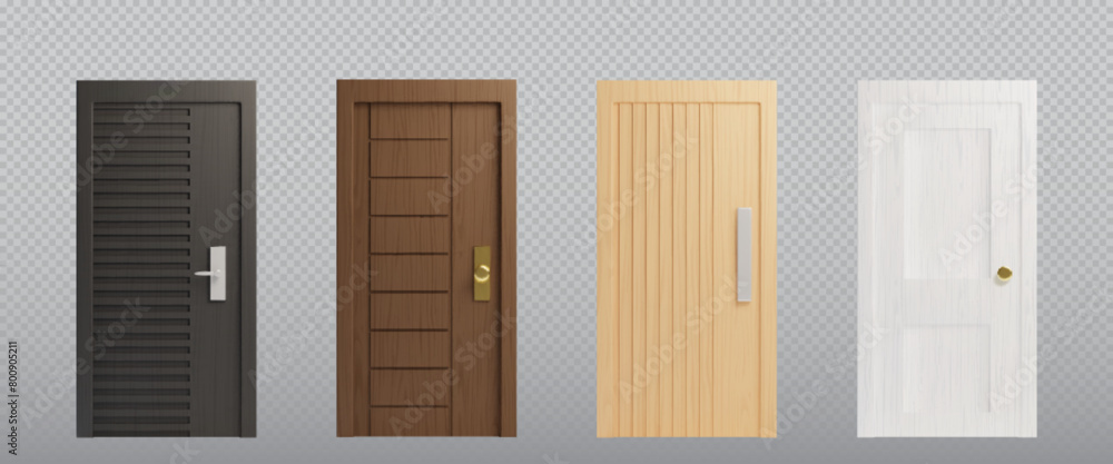 Wooden doors set isolated on transparent background. Vector realistic illustration of modern doorway with black, brown, white wood texture, golden and silver metal doorknob, interior design element Wooden doors set isolated on transparent background. Vector realistic illustration of modern doorway with black, brown, white wood texture, golden and silver metal doorknob, interior design element