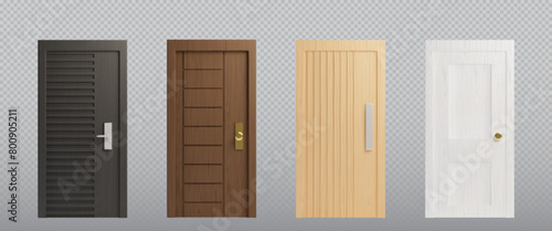 Wooden doors set isolated on transparent background. Vector realistic illustration of modern doorway with black, brown, white wood texture, golden and silver metal doorknob, interior design element