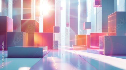 Abstract 3D rendering of a futuristic city with geometric shapes and bright colors