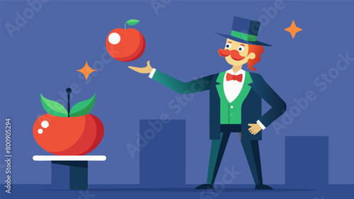 With a few words the magician convinced the audience that a tomato was actually an apple showcasing his ability to manipulate perception through.