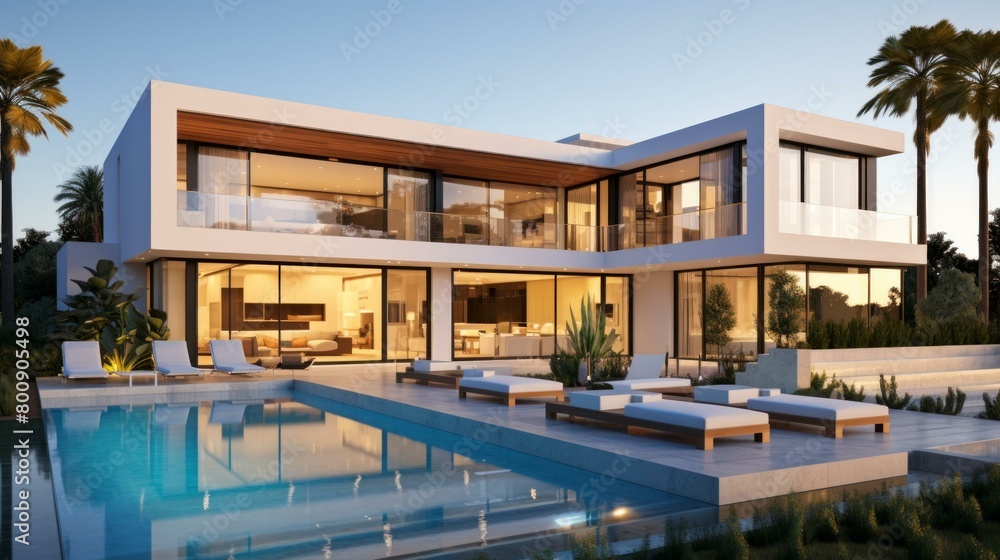Fototapeta premium Modern luxury villa with pool and palm trees