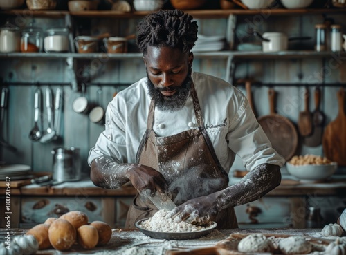 Black man in a white chef coat and apron kneads dough in a bowl while cooking in a kitchen.