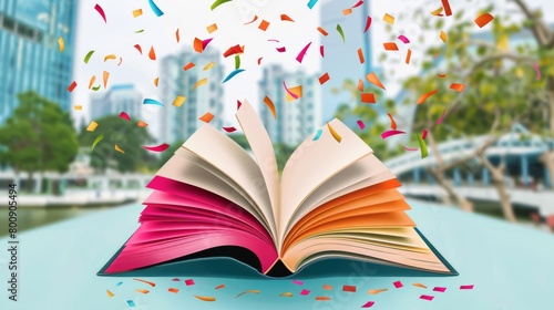 a book with colorful pages and confetti falling from the sky photo