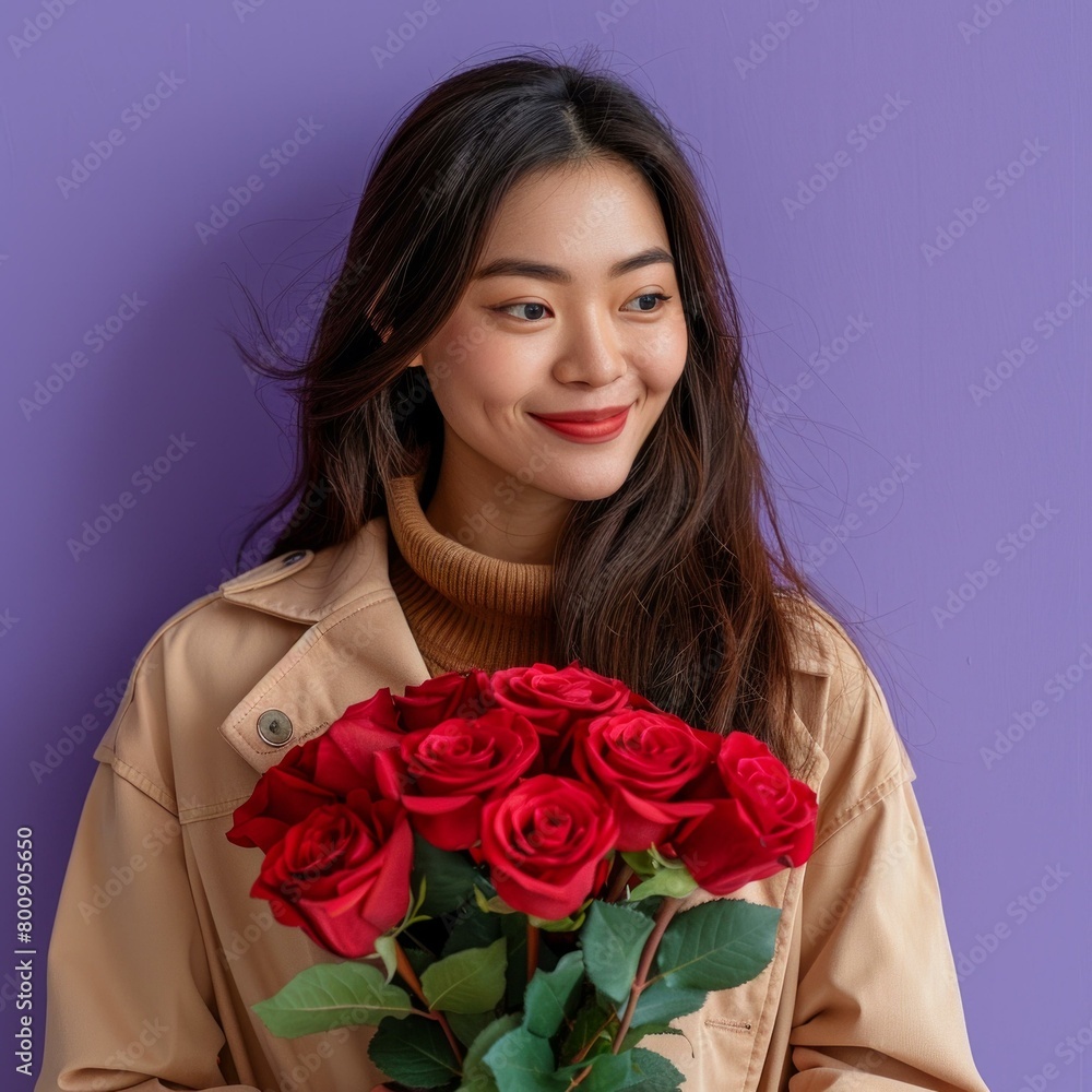 Asian woman holding a bouquet of red roses Asian woman holding a bouquet of red roses
