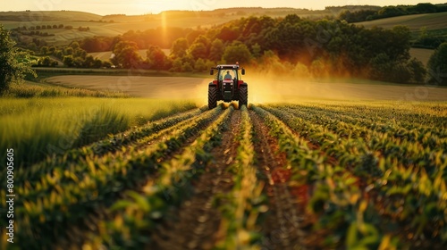 Tractor working in a field during sunset photo