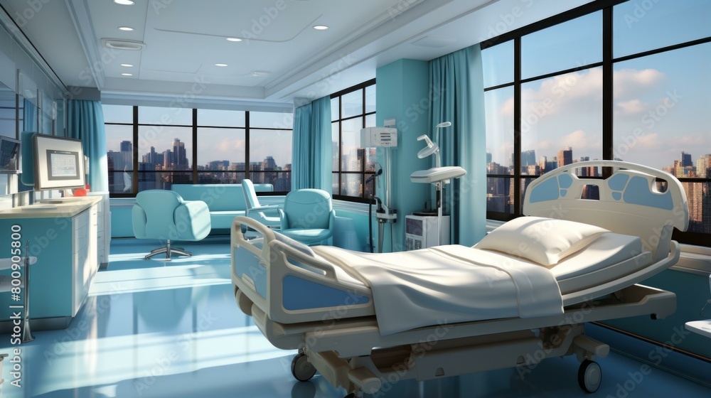 Patient room with a view of the city Patient room with a view of the city