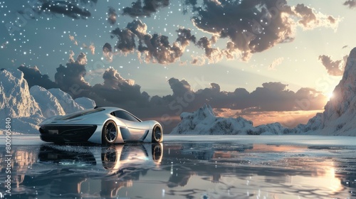The silver sports car is driving on the frozen lake under the starry sky photo