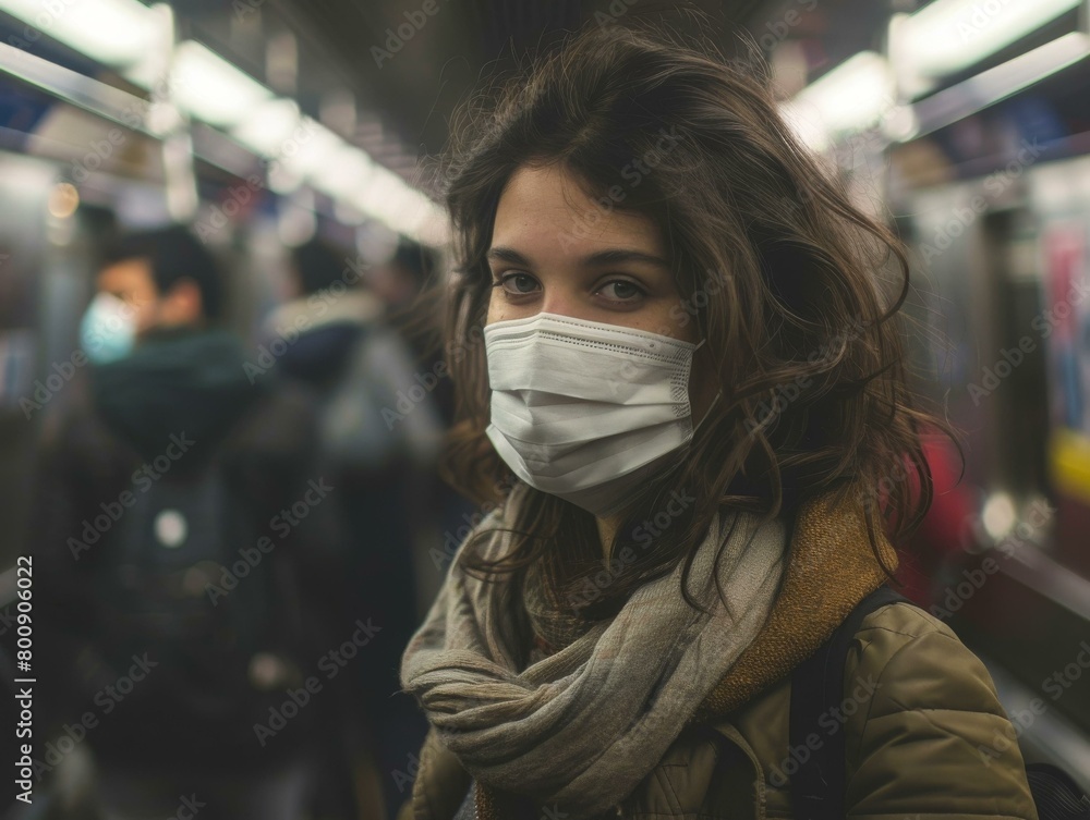 A young woman wearing a mask on a subway train A young woman wearing a mask on a subway train